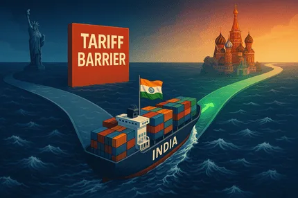 भारत-अमेरिका व्यापार संबंध चुनौतियों का सामना कर रहे हैं, जिसमें एक मालवाहक जहाज अमेरिकी टैरिफ बाधा और रूस के लिए खुले व्यापार मार्ग के बीच नेविगेट कर रहा है।