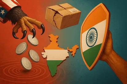 भारत अमेरिका व्यापार तनाव को दर्शाती एक प्रतीकात्मक तस्वीर जिसमें टैरिफ और डाक सेवाओं का निलंबन दिखाया गया है।